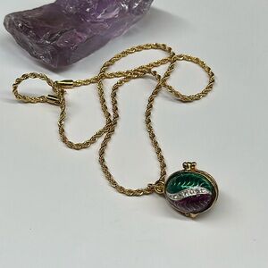Egg Locket Pendant Necklace enamel colorful rhinestone swirl gold rope chain